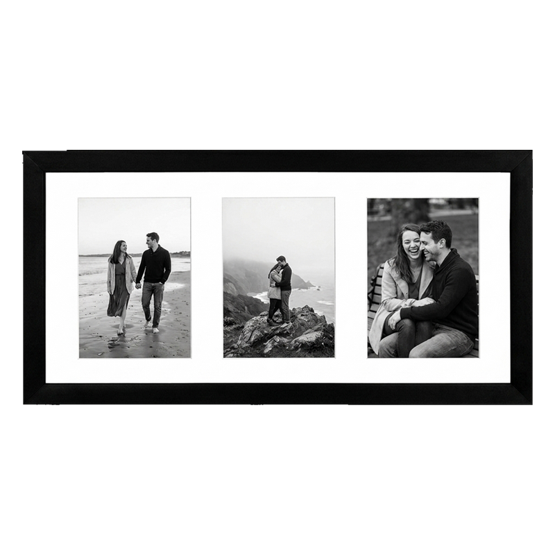 Long black 10x20 collage frame, three 5x7 openings holding black-and-white couple photos #flat