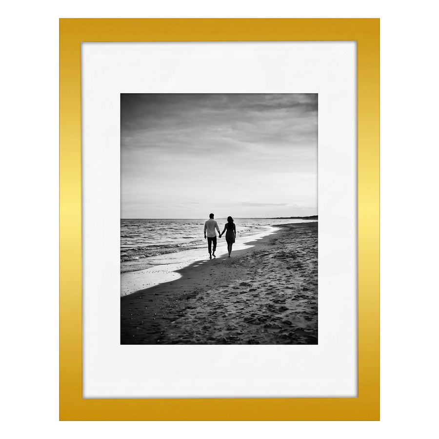 Gold Signature frame, 11x14, with a wide white mat, holding a photo of a couple at the tideline #flat