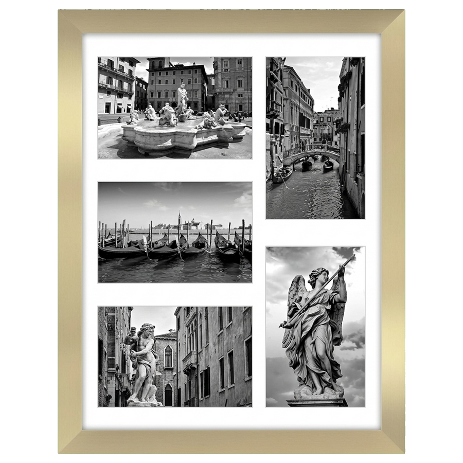 Polished brass 11x14 collage frame, five 4x6 openings holding Italian city photos #flat