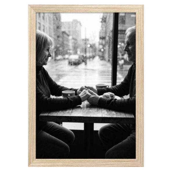 Two stacked black Signature frames, no mat, holding a photo of a couple with coffee 