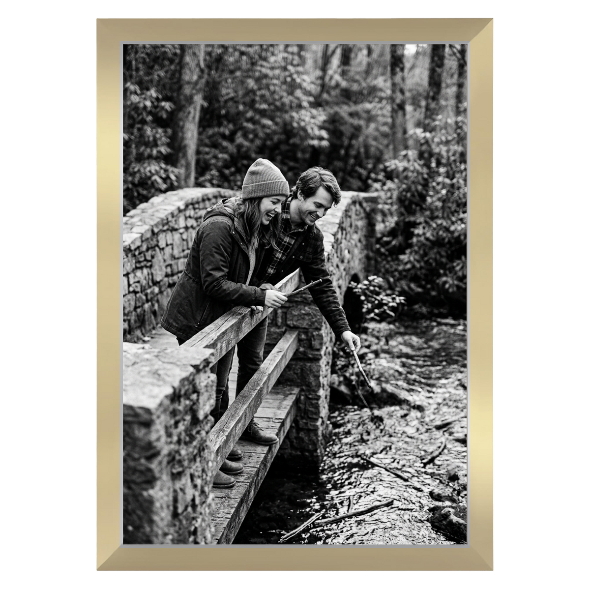 Oak Signature frame, 13x19, no mat, holding a photo of a couple with a dog on a picnic rug 