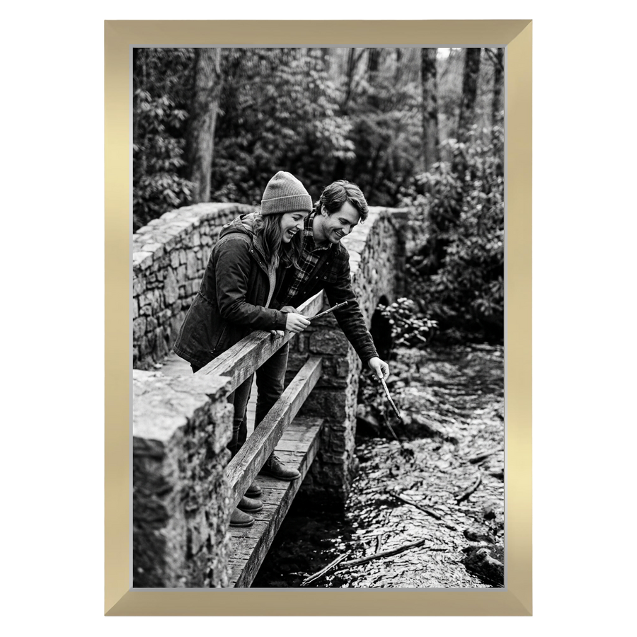 Oak Signature frame, 13x19, no mat, holding a photo of a couple with a dog on a picnic rug #flat