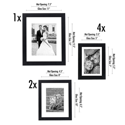 Americanflat | Set of 7 Picture Frames with Shatter-Resistant Glass | Gallery Wall Frame Set with One 11x14 Frame, Two 8x10 Frames, and Four 5x7 Frames | Signature Collection | Black