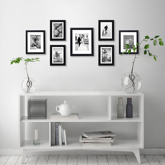Americanflat | Set of 7 Picture Frames with Shatter-Resistant Glass | Gallery Wall Frame Set with One 11x14 Frame, Two 8x10 Frames, and Four 5x7 Frames | Signature Collection | Black