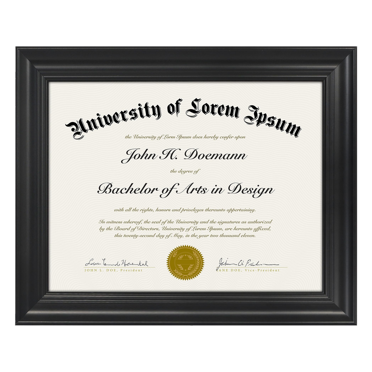Black 8.5x11 document frame holding a sample Lorem Ipsum diploma with no mat 