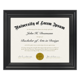 Black 8.5x11 document frame holding a sample Lorem Ipsum diploma with no mat 