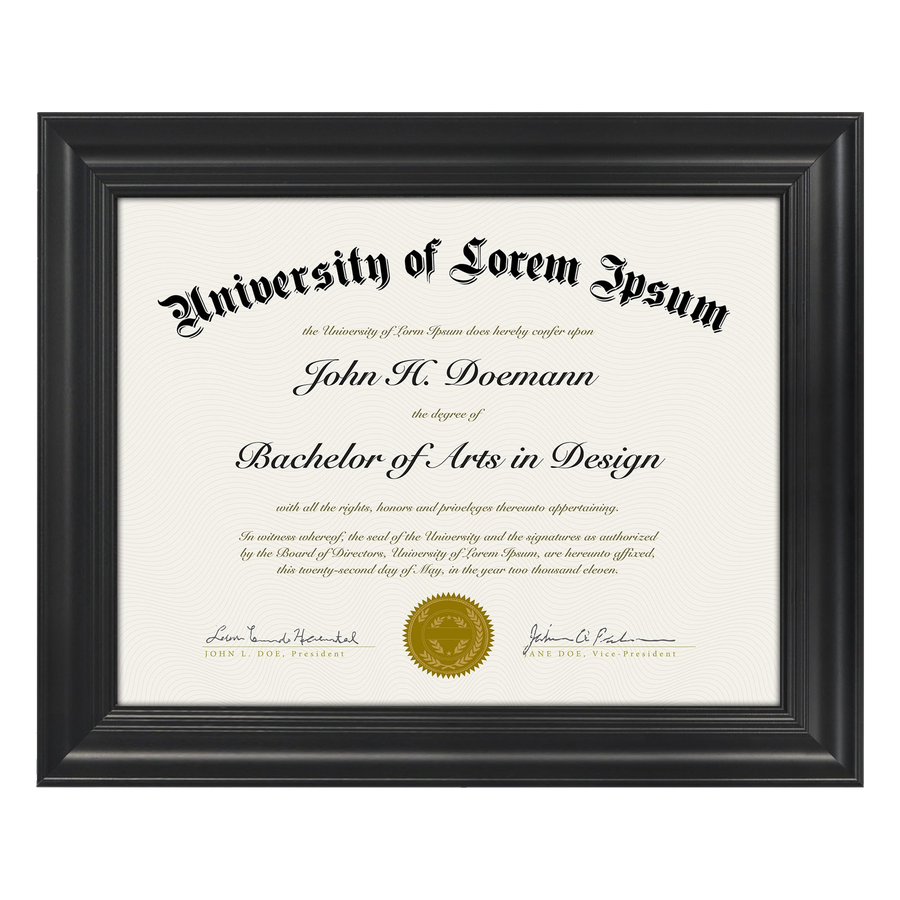 Black 8.5x11 document frame holding a sample Lorem Ipsum diploma with no mat 
