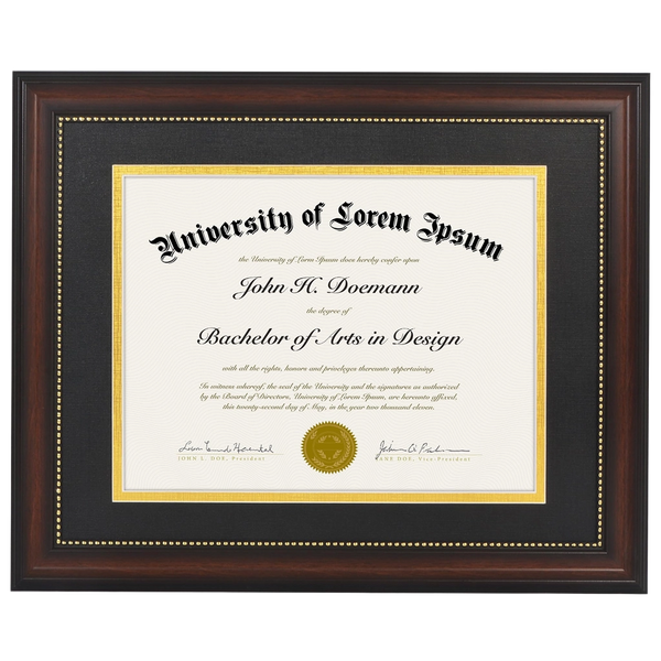 Mahogany 11x14 document frame, black mat with a gold line, holding a sample Lorem Ipsum diploma 