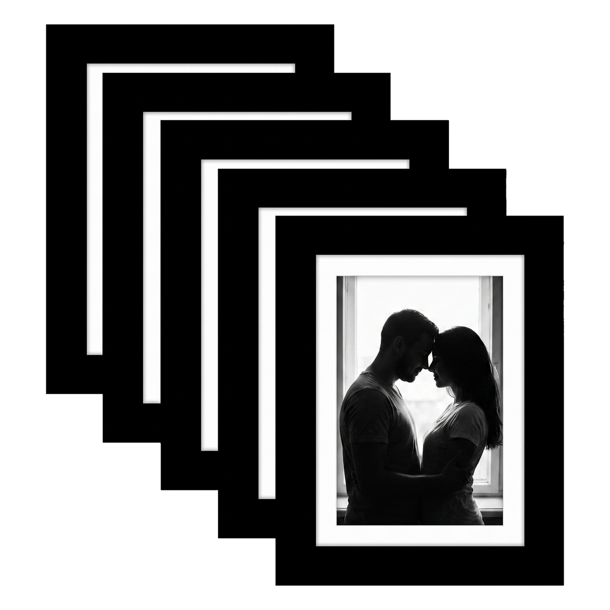 Five stacked black Galleria frames with white mats, holding a photo of a couple at a bright window 