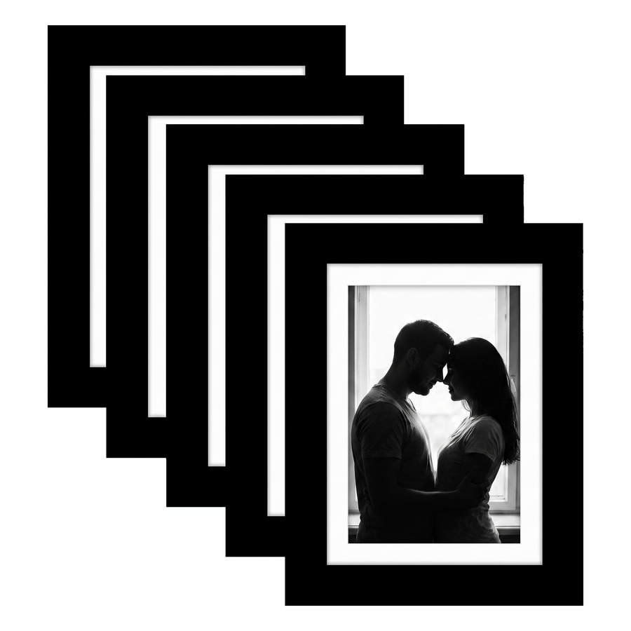 Five stacked black Galleria frames with white mats, holding a photo of a couple at a bright window #flat