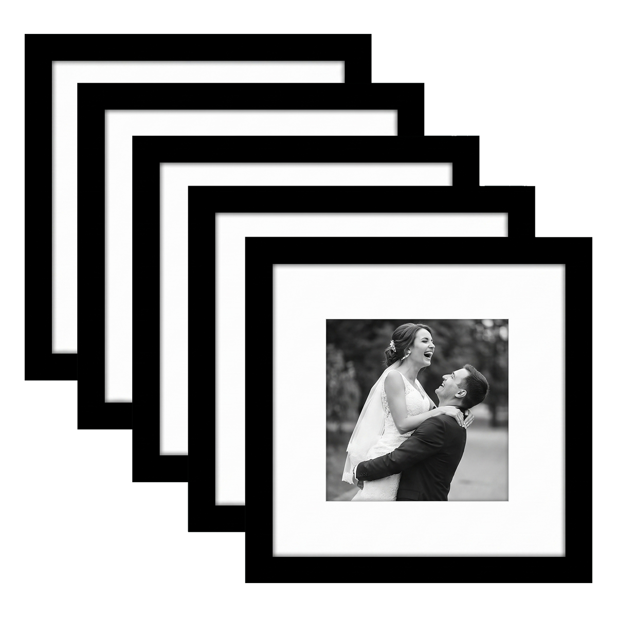 Five stacked black Galleria frames with white mats, holding a photo of a bride and groom laughing 