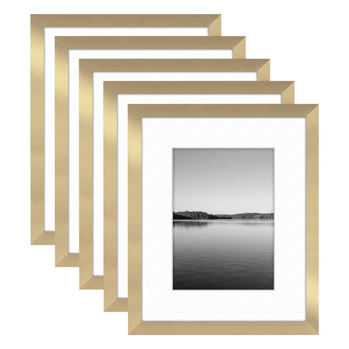 Five stacked gold Galleria frames with white mats, holding a photo of a calm lake at dusk 