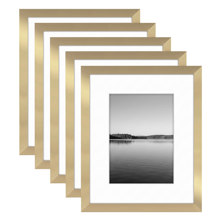 Five stacked gold Galleria frames with white mats, holding a photo of a calm lake at dusk #flat
