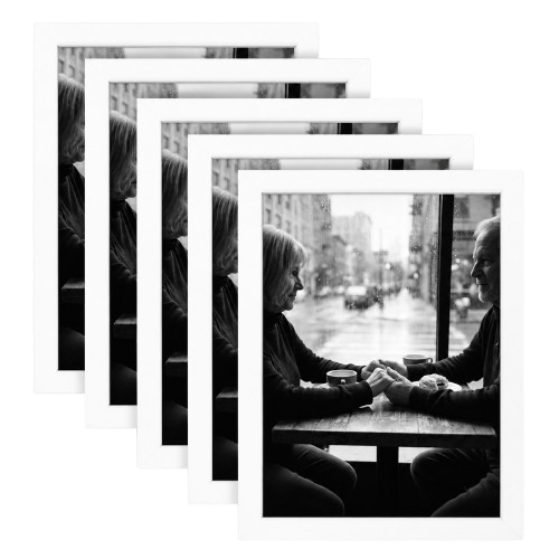 Five stacked white 8x11 Galleria frames, the front one holding a couple holding hands at a cafe window 