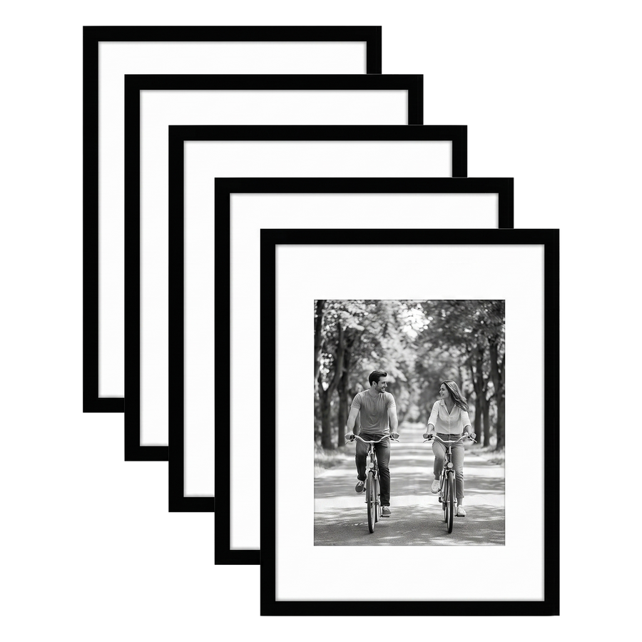 Five stacked black Galleria frames with white mats, holding a photo of a couple riding bicycles 