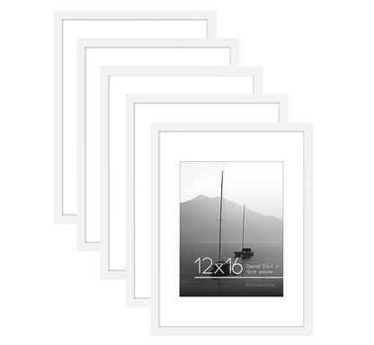 Americanflat | 12x16 Picture Frame with Polished Plexiglass | Set of 5 | Use as 8.5x11 Frame with Mat or Display 12x16 Photo Without Mat | Galleria Collection | Picture Frames for Wall Display | White