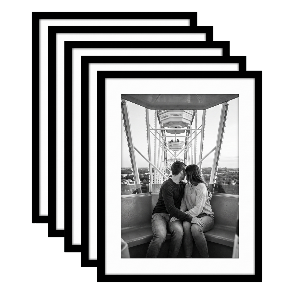 Five stacked black Galleria frames, 13x17, with 10x14 white mats, holding a photo of a couple on a Ferris wheel 