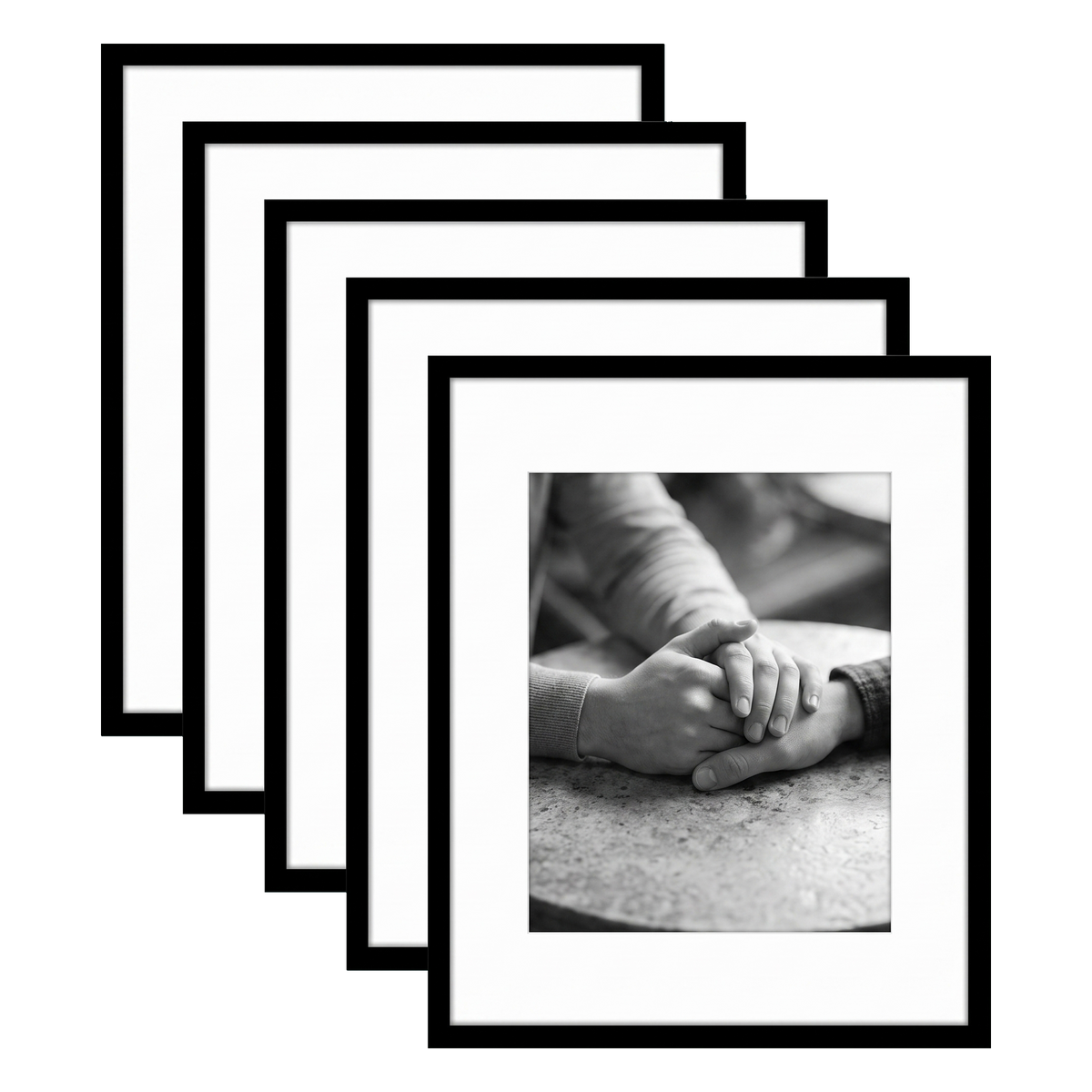 Five stacked black Galleria frames with white mats, holding a close photo of two hands held 