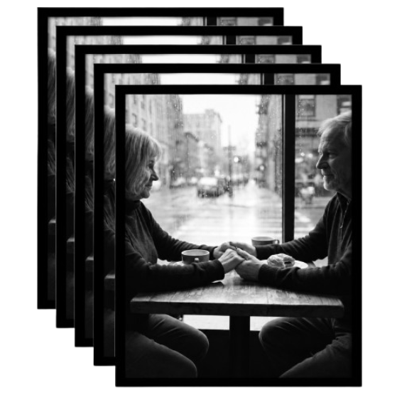 Five stacked black 16x20 Galleria frames, the front one holding a couple holding hands at a cafe window 
