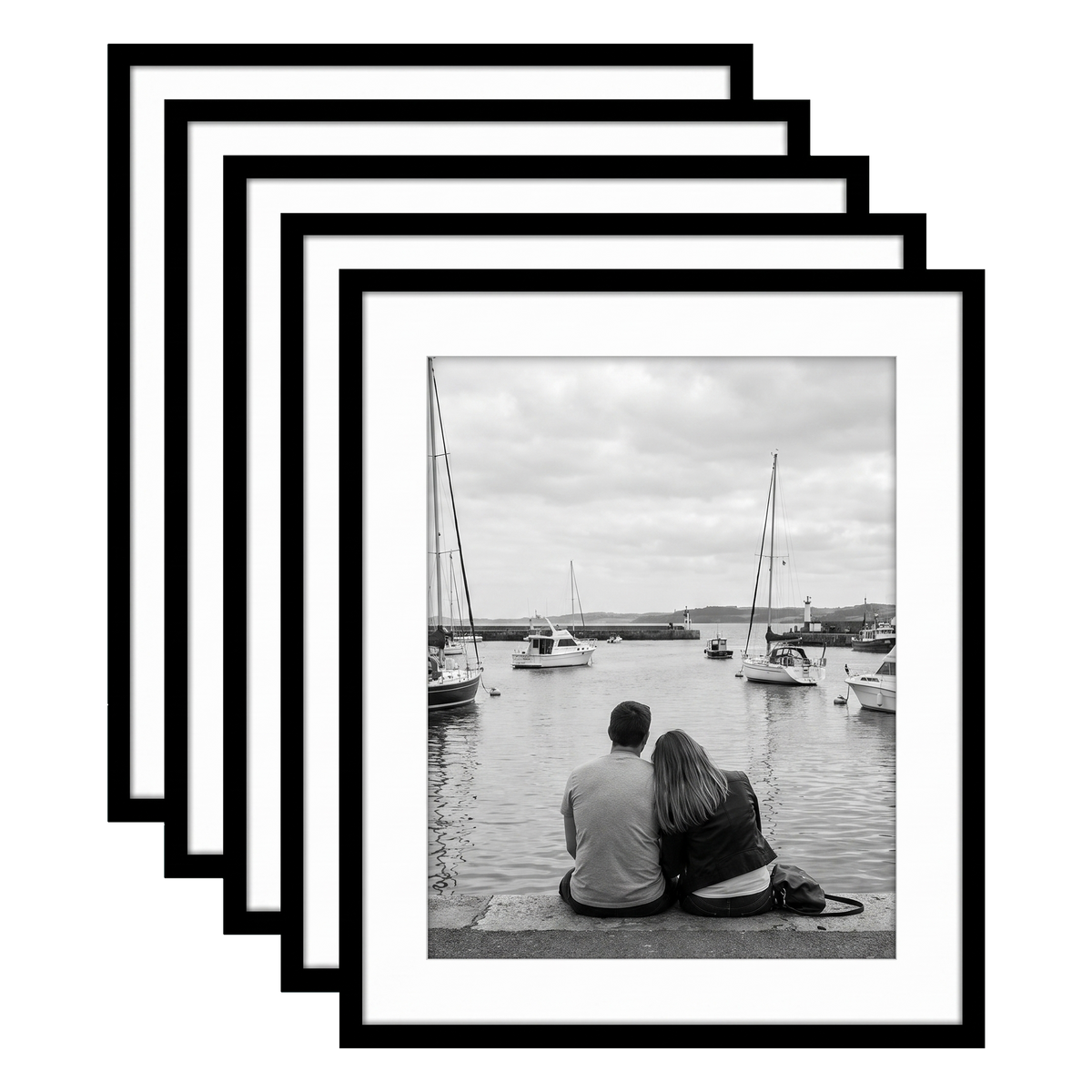 Five stacked black Galleria frames, 18x22, with 14x18 white mats, holding a photo of a couple at a harbour 