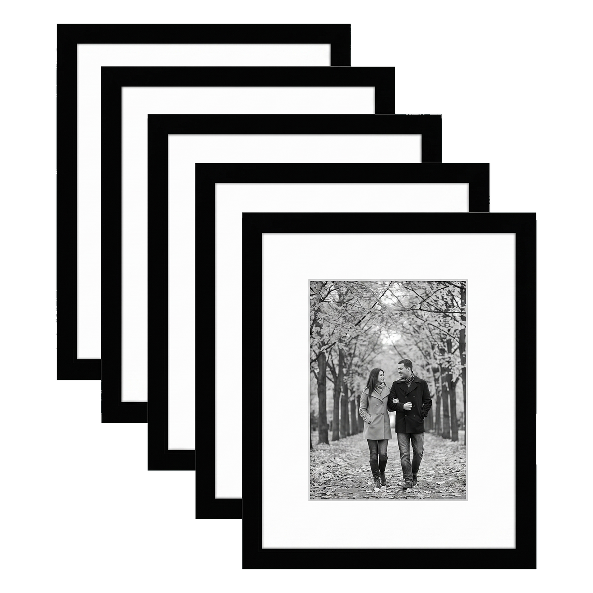 Five stacked black Galleria frames with white mats, holding a photo of a couple on an autumn avenue 
