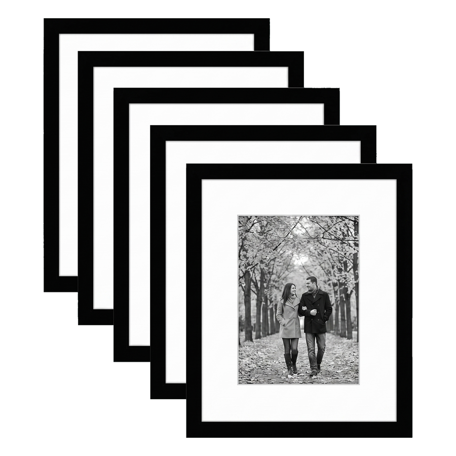Five stacked black Galleria frames with white mats, holding a photo of a couple on an autumn avenue 
