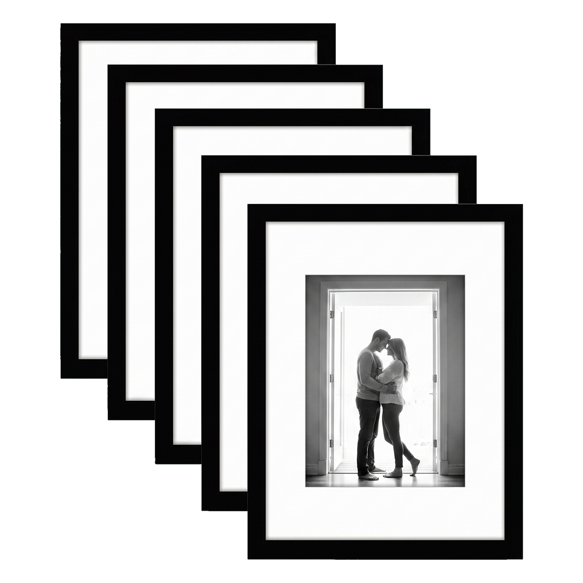 Five stacked black Galleria frames with white mats, holding a photo of a couple in a doorway 
