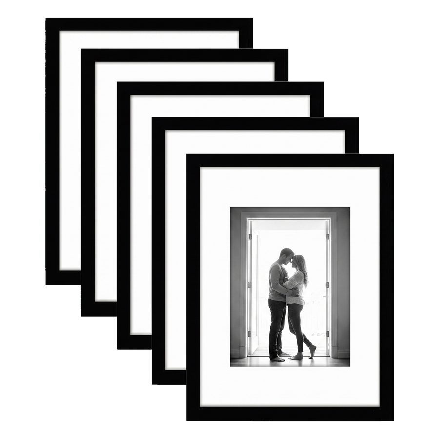 Five stacked black Galleria frames with white mats, holding a photo of a couple in a doorway 