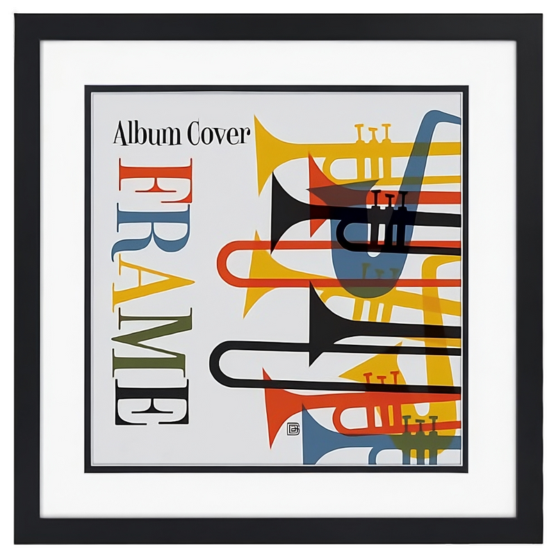 Black square record album frame, 15x15, with a black inner mat, holding an album sleeve #flat