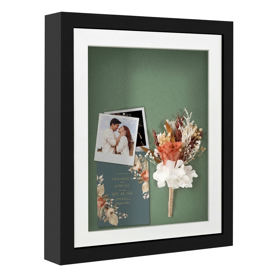 Black 11x14 shadow box, white mat opening to 9x12, a wedding photo and dried flowers 