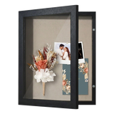 Black 8.5x11 unmatted shadow box, a wedding photo and dried flowers on linen backing 