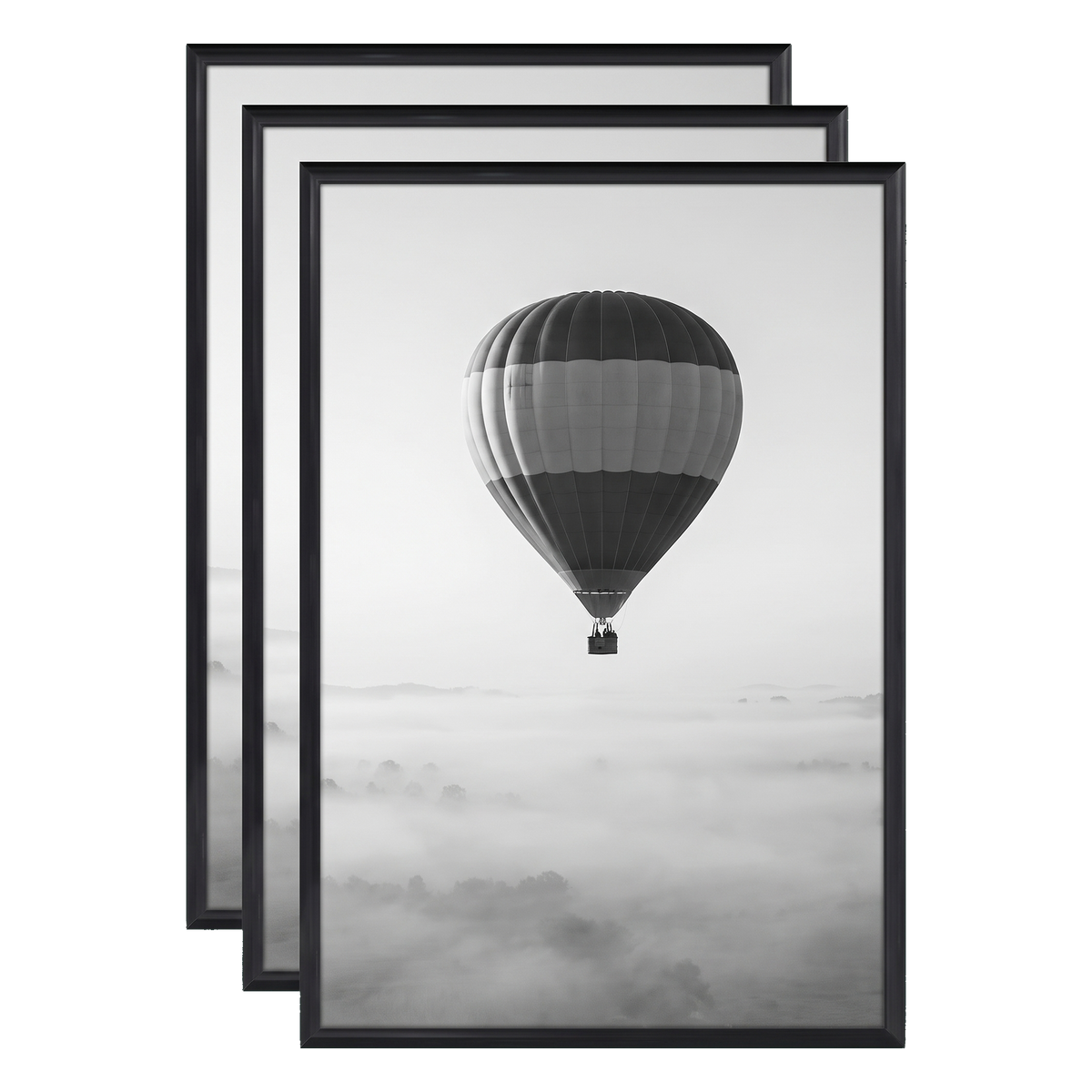 Three stacked black 11x17 Fusion frames all holding the same hot air balloon photo 