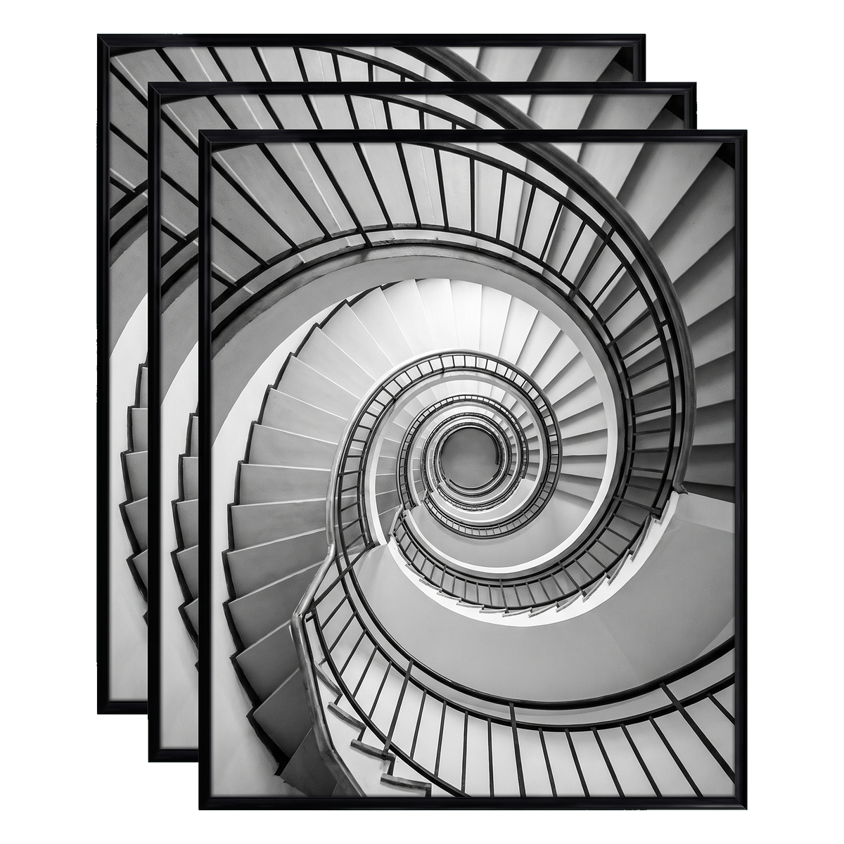Three stacked black 16x20 Fusion frames all holding the same spiral staircase photo 