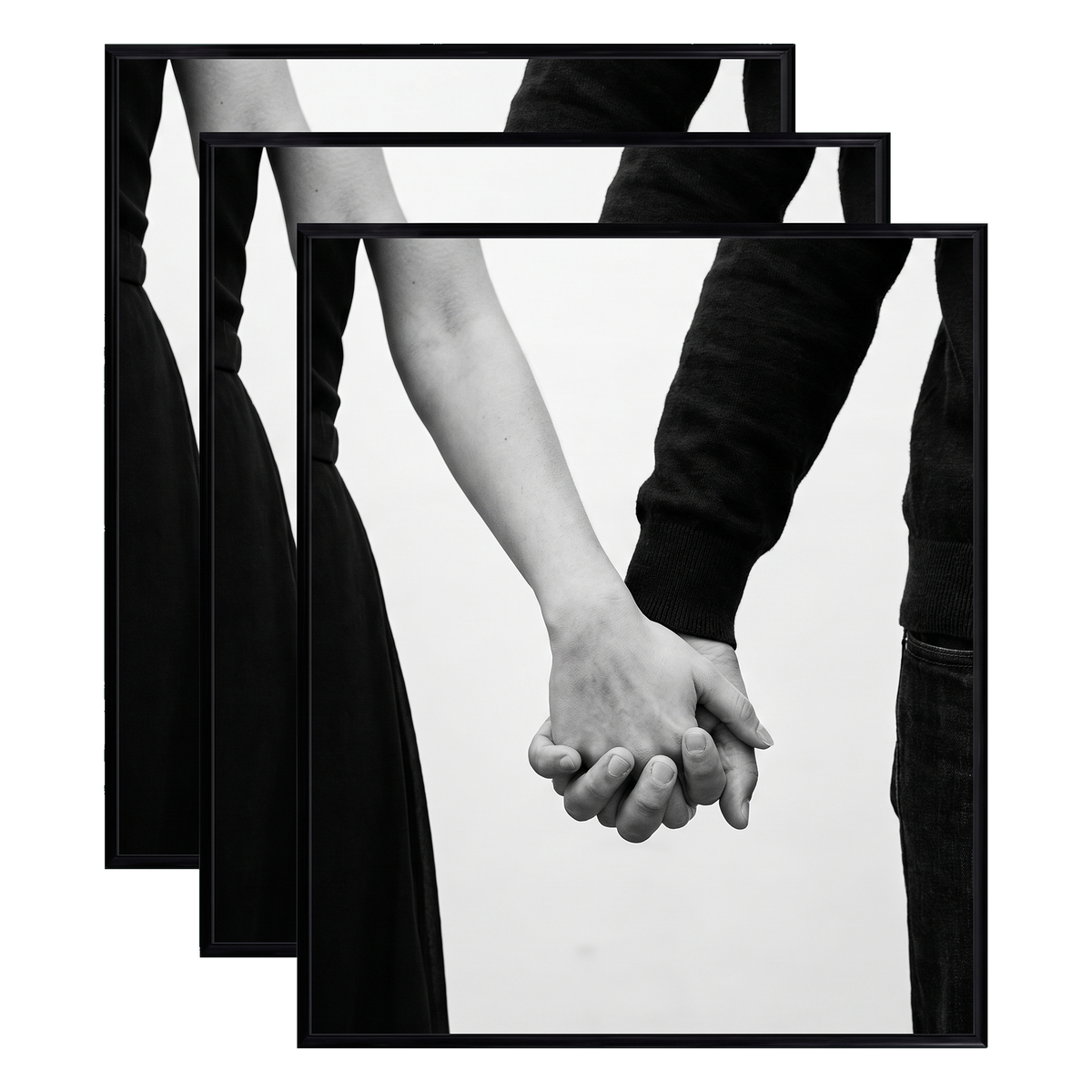 Three stacked black 16x24 Fusion frames all holding the same photo of a couple holding hands 