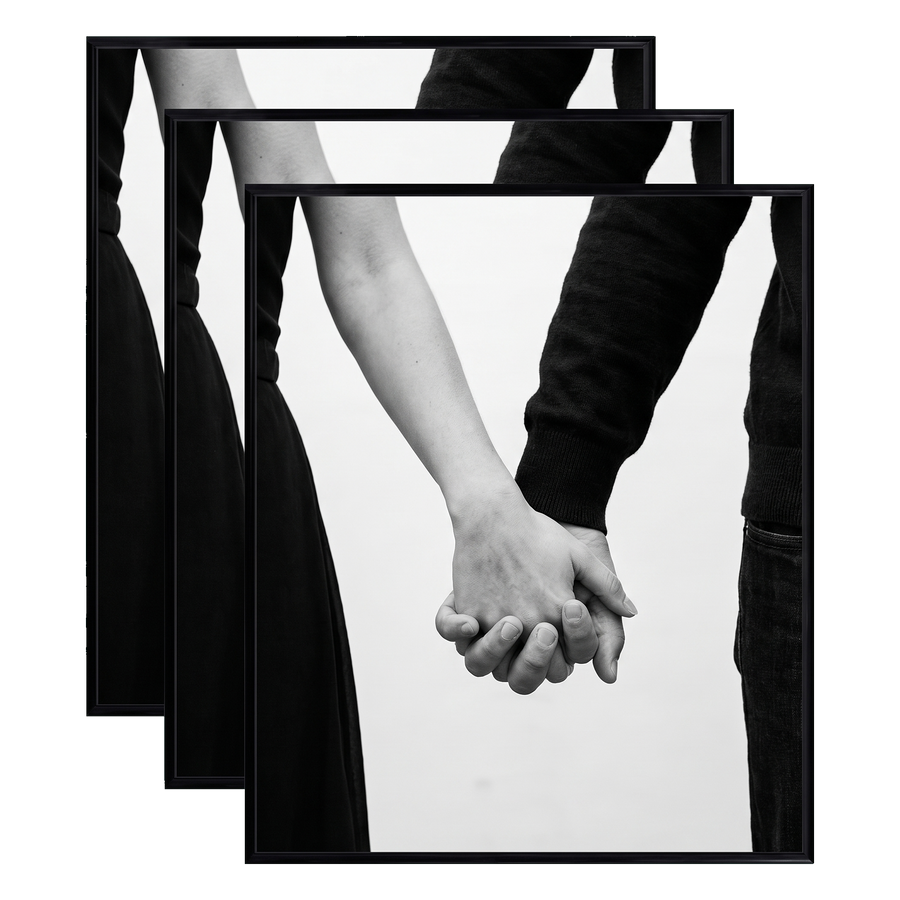 Three stacked black 16x24 Fusion frames all holding the same photo of a couple holding hands #flat