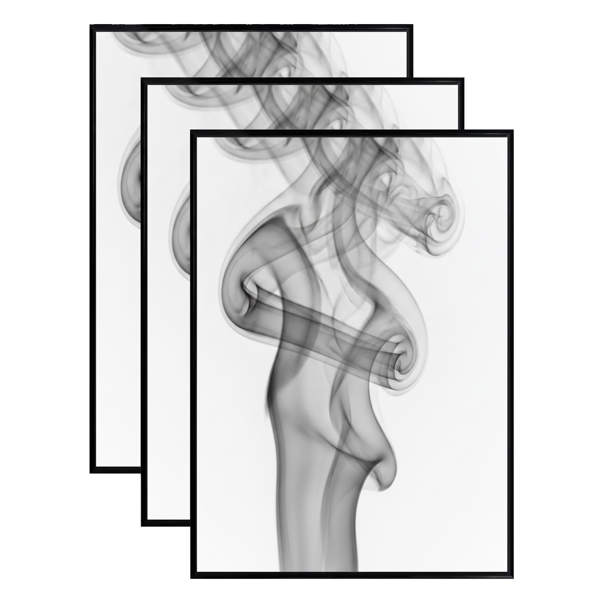 Three stacked black 18x24 Fusion frames all holding the same swirling smoke photo 