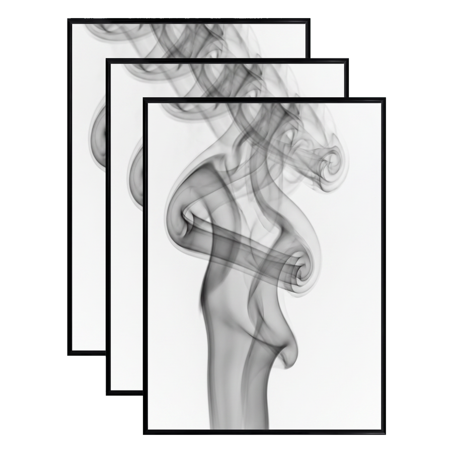 Three stacked black 18x24 Fusion frames all holding the same swirling smoke photo 