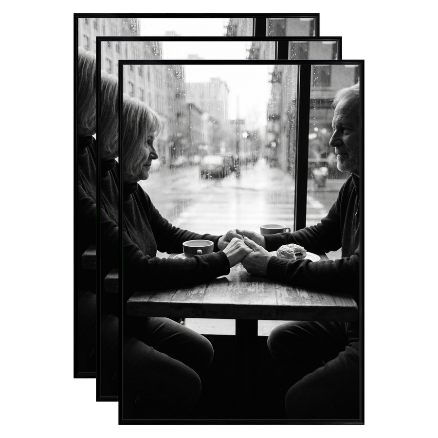 Three stacked black 20x30 Fusion frames all holding the same photo of a couple at a cafe window 