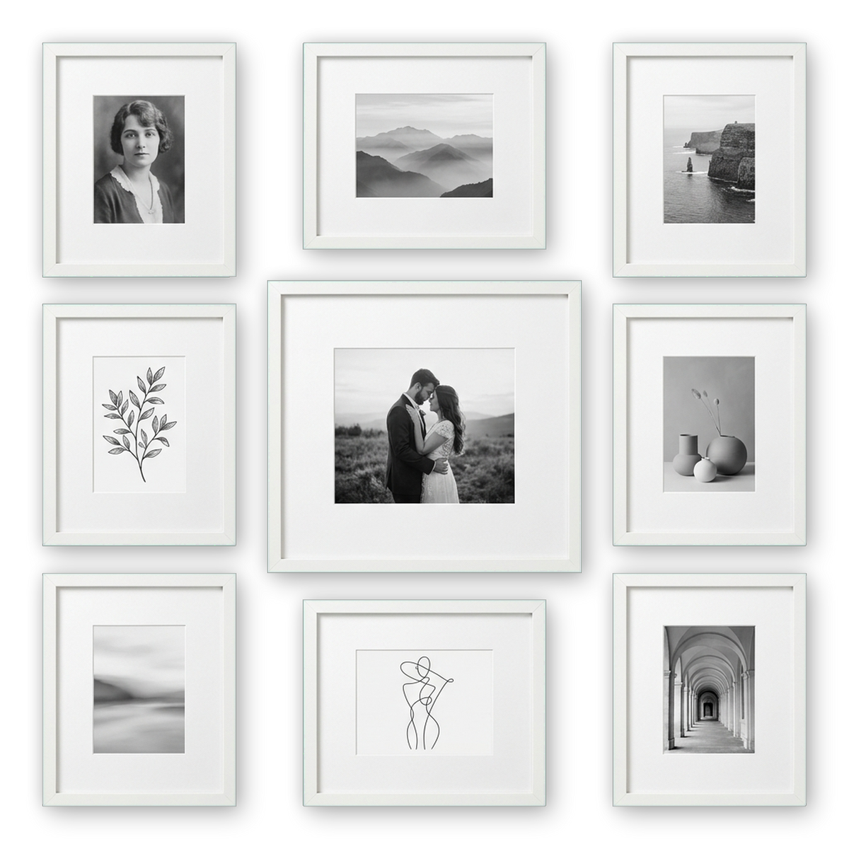 Streamline Matted Grand Gallery — White · 9 Frames