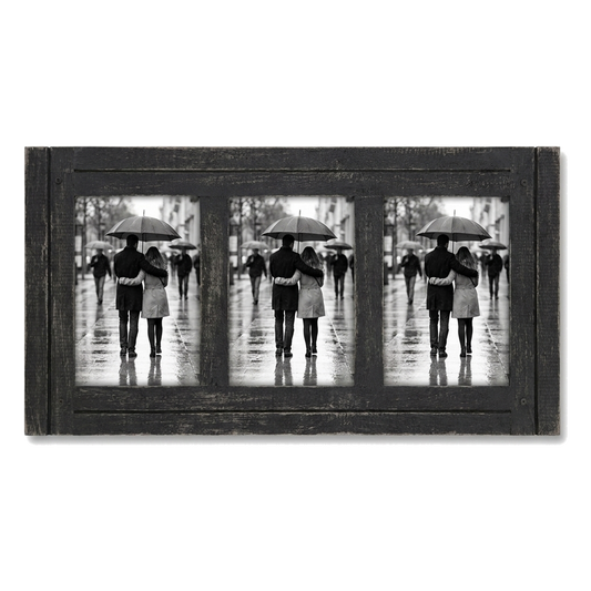 Black distressed 4x6 Hampton collage frame, three openings holding photos of a couple in the rain #flat