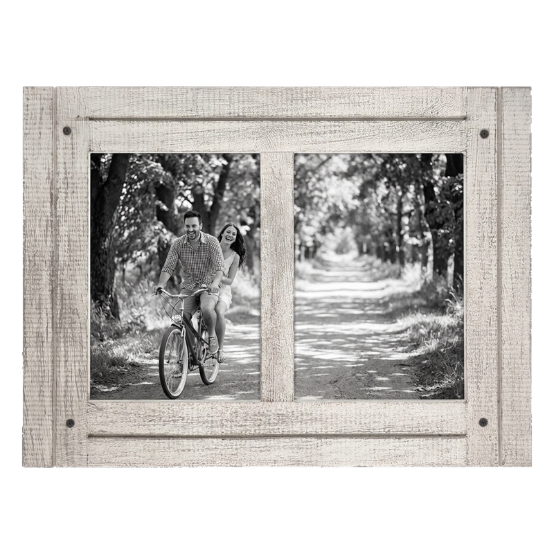 White distressed 5x7 Hampton frame, two openings holding a couple cycling on a leafy lane #flat