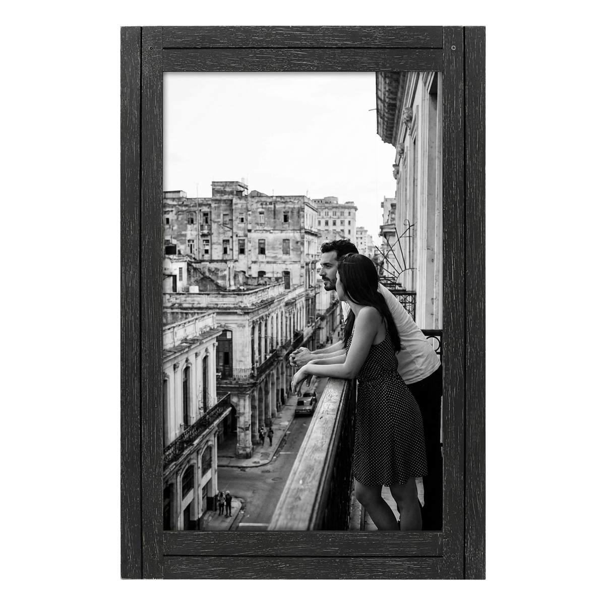 Black distressed 12x18 Hampton frame, a couple on a balcony above a city street 