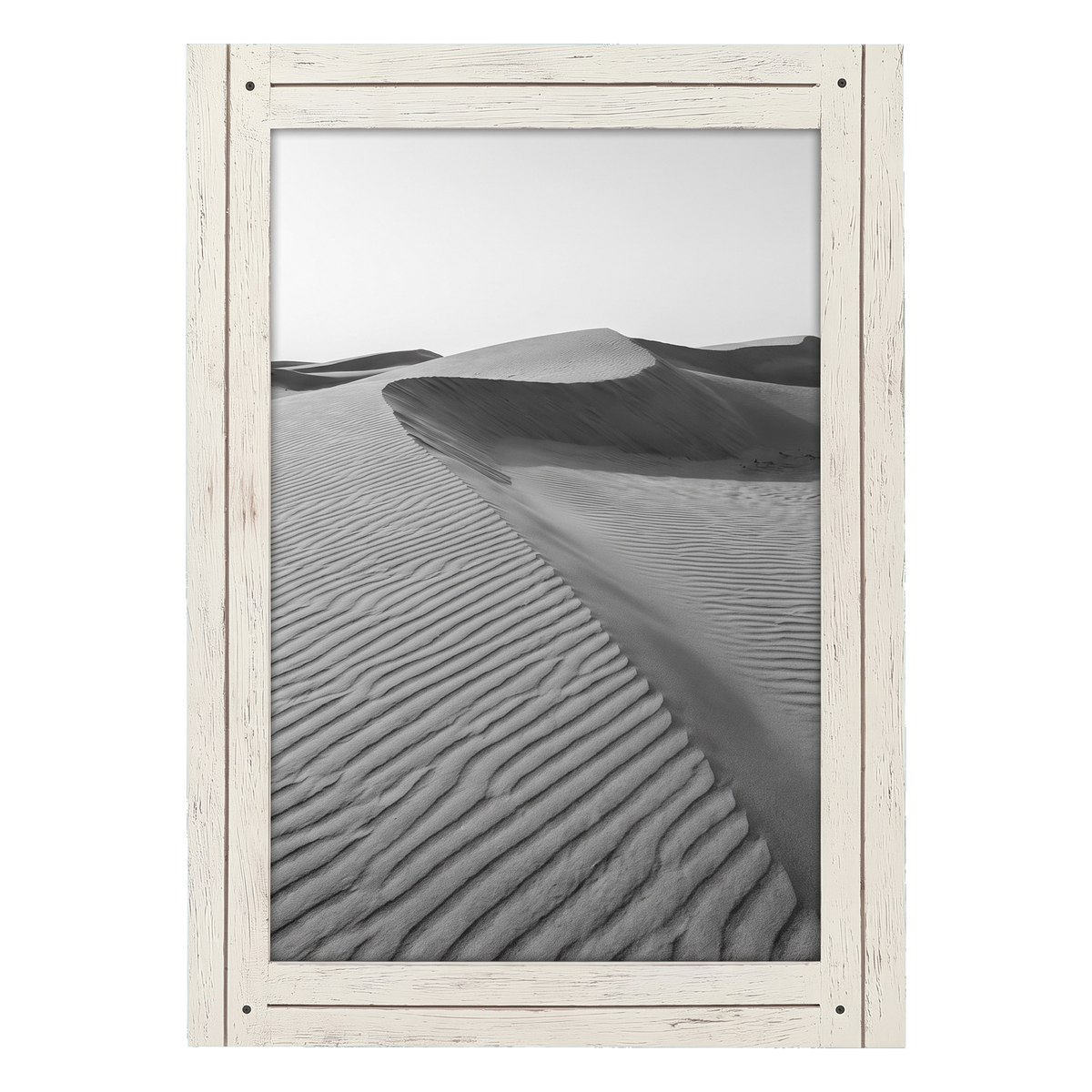 White distressed 12x18 Hampton frame, a rippled sand dune ridge 