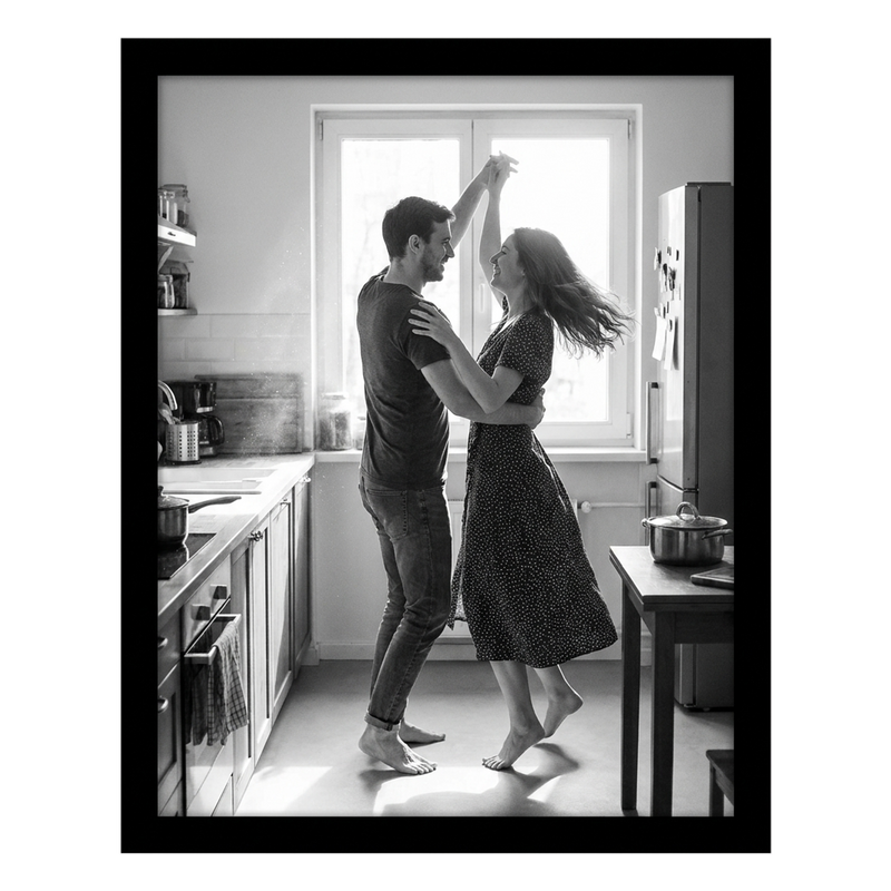 Black Epic poster frame, 16x20, no mat, holding a black-and-white photo of a couple dancing in a bright kitchen #flat