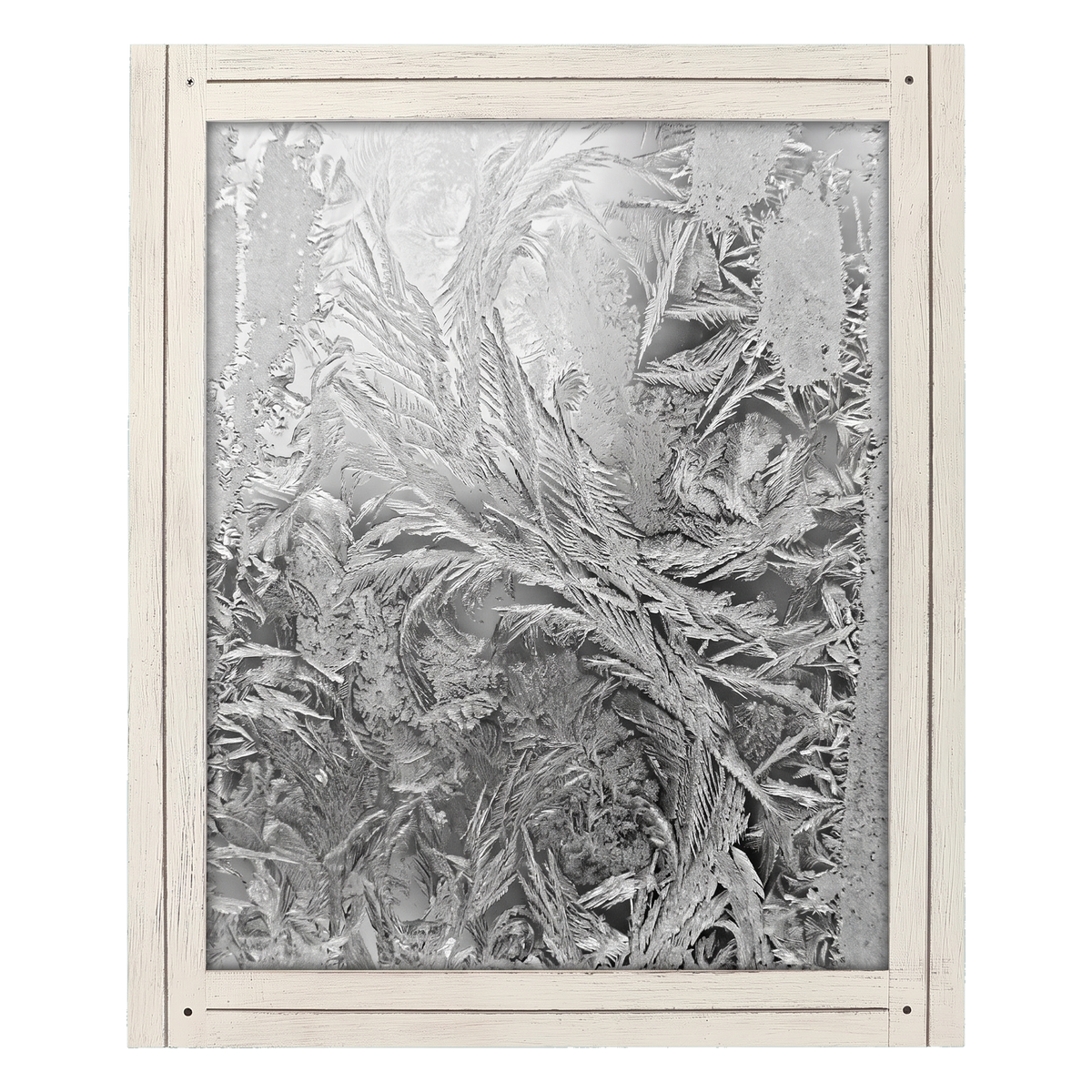 White distressed 16x20 Hampton frame, a close-up of frost patterns on glass 