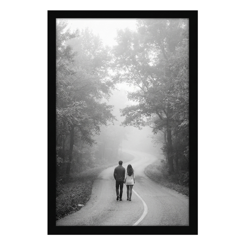 Black Epic poster frame, 16x24, no mat, holding a black-and-white photo of a couple on a misty road #flat