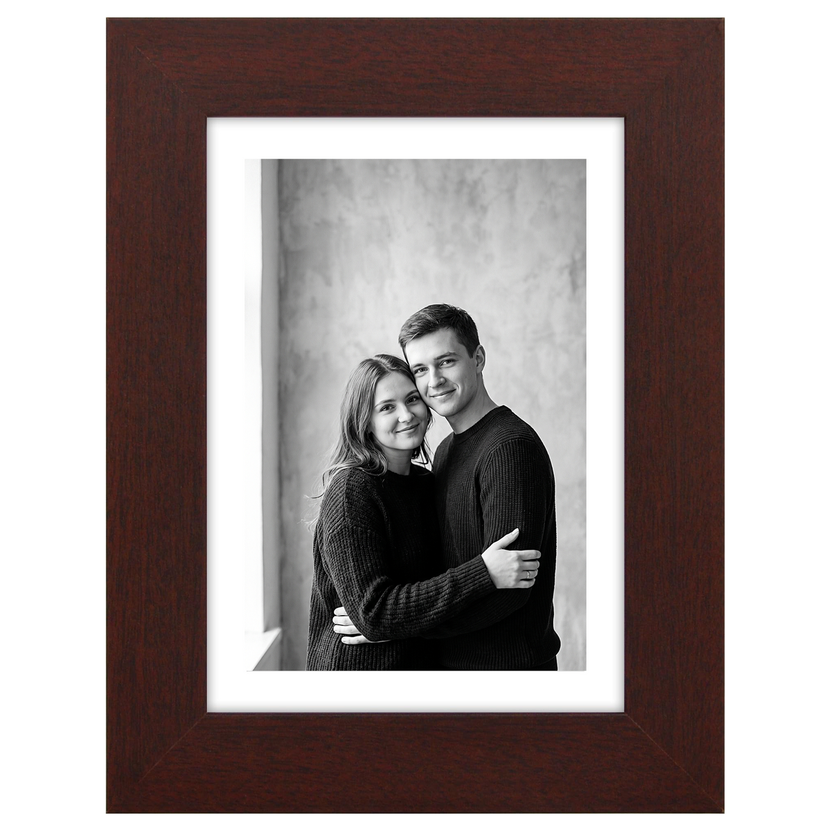 Mahogany Hudson frame, 5x7, with a 4x6 white mat, holding a black-and-white studio portrait of a couple 