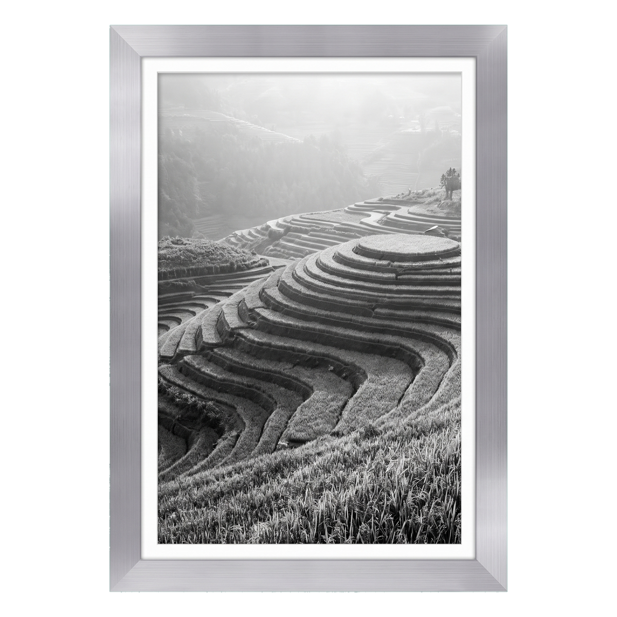 Silver Hudson frame, 12x18, with an 11x17 white mat, holding a black-and-white photo of terraced rice fields 