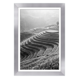 Silver Hudson frame, 12x18, with an 11x17 white mat, holding a black-and-white photo of terraced rice fields 