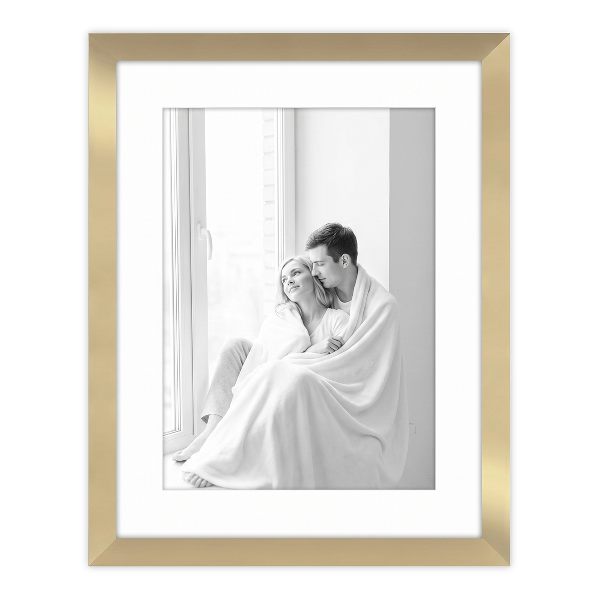 Gold Hudson frame, 16x20, 12x16 white mat, holding a black-and-white photo of a couple wrapped in a blanket 